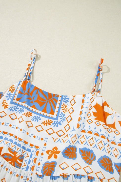 Orange Multi Printed Ricrac Trim Spaghetti Straps Maxi Dress